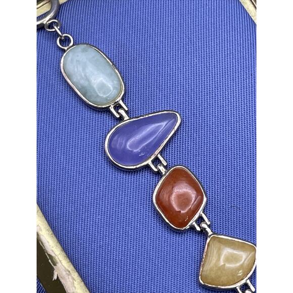 Sterling Silver Bracelet Jade Multi Color Green Purple Lavender Toggle HN China - Picture 6 of 9